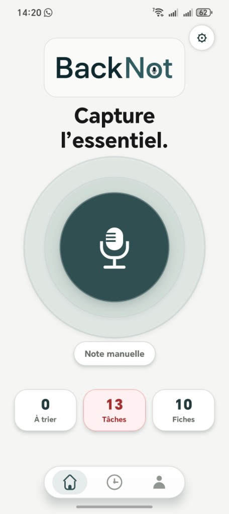 Accueil Backnot — capture vocale et indicateurs du jour