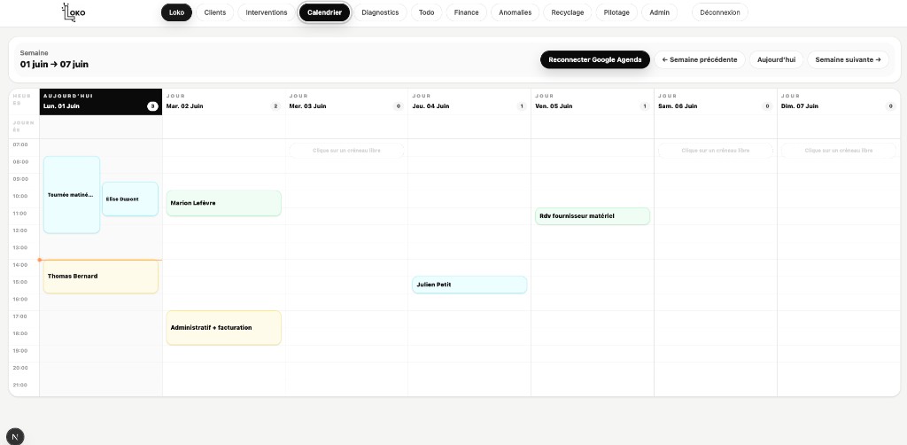 Module Calendrier Loko — planning hebdomadaire et synchro Google Agenda
