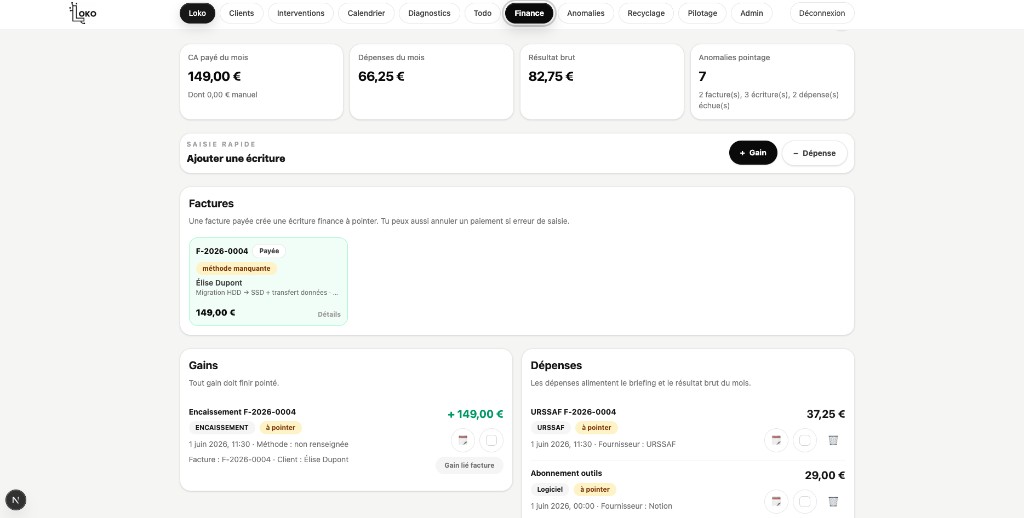 Module Finance Loko — CA, dépenses, factures, gains et pointage