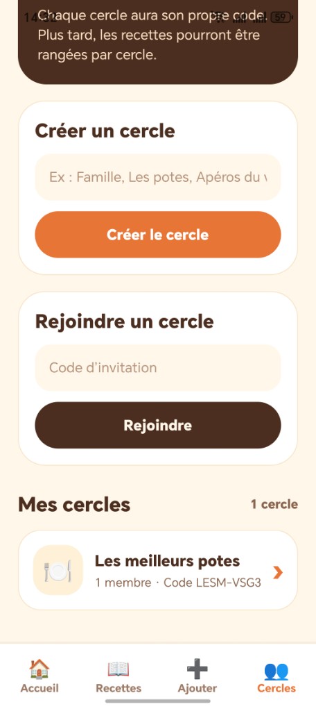 Cercles Popote — création et rejoindre un groupe